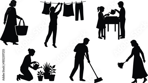 Family daily household activities silhouettes, laundry drying, shopping, tea time, gardening plants, floor cleaning, domestic lifestyle illustration