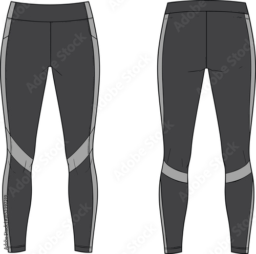 Women performance leggings technical flat, front and back view, activewear apparel cad drawing flat vector illustration for fitness design