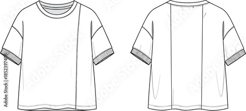 Women casual t shirt technical flat, front and back view, apparel cad drawing flat vector illustration for fashion design