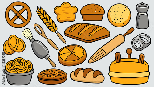 Assorted breads and baking tools