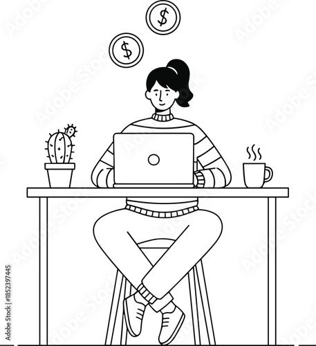 Modern vector illustration of a young woman working on a laptop with dollar signs symbolizing online income and financial success.