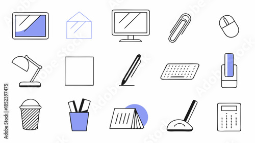 Collection of office supplies and equipment