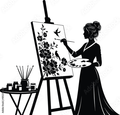 Female artist painting floral bird illustration, woman painter at easel with palette, creative studio silhouette, elegant black vector art