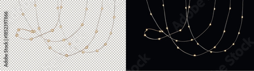 Transparent PNG and Dark Background Display of Hanging Golden String Lights.