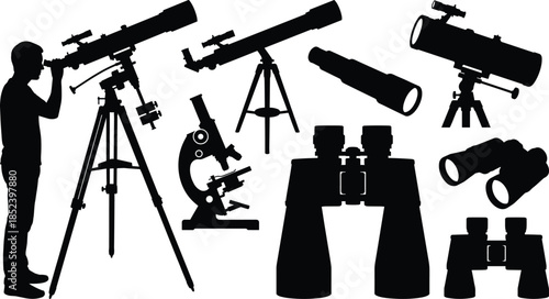 Astronomy equipment silhouette set, telescopes binoculars microscope observer, stargazing science optics research tools isolated vector illustration design collection