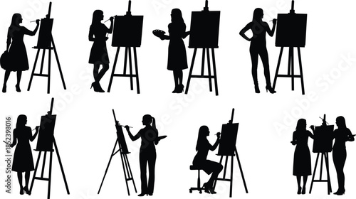 Female artist silhouettes painting on easel, creative women at work, art studio inspiration, painter poses illustration on white background