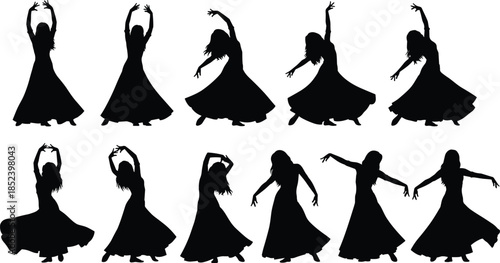 Female dancer silhouettes set, graceful contemporary dance poses, flowing dress movement collection, elegant artistic women figures isolated on white background