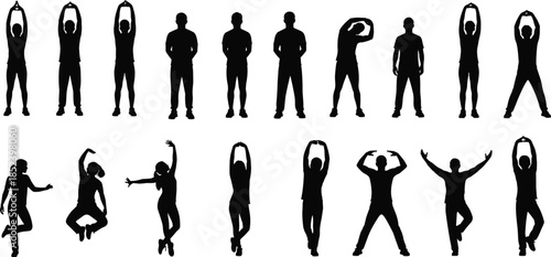 Fitness and stretching silhouettes set, men and women exercising, yoga poses, warm up movements, minimalist black human figure illustration