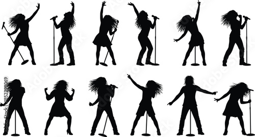 Female singer silhouettes set, rock pop performance poses with microphone, energetic stage music concert, expressive women figures isolated on white background