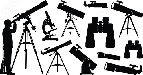 Astronomical equipment silhouette set, telescopes binoculars microscopes, stargazing astronomy tools collection, science research optics isolated vector illustration, icons design bundle