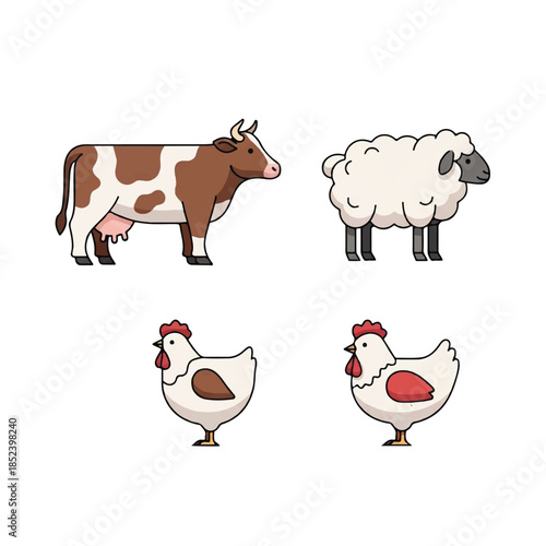 Farm Animals Cow Sheep Chickens Illustration.