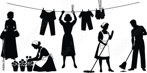 Household chores silhouettes set, men and women doing laundry cleaning gardening, domestic work lifestyle illustration isolated