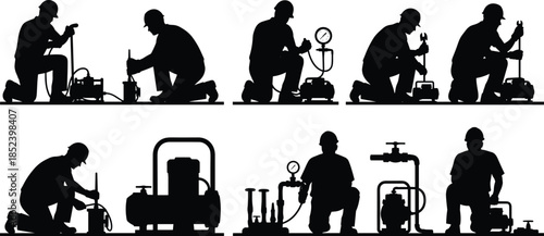 Industrial worker silhouettes operating pumps and valves, maintenance technicians kneeling with tools, engineering equipment workflow, black silhouette illustration set