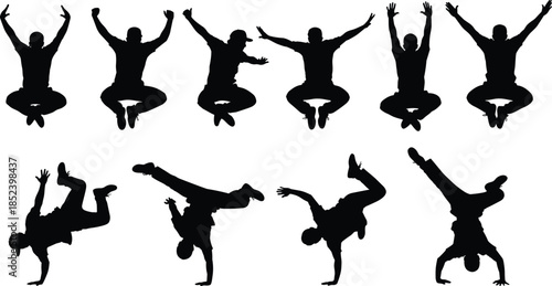 Jumping and breakdance silhouettes, energetic male dancers performing acrobatic moves, street dance action poses, black silhouette illustration collection