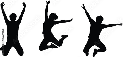 Jumping people silhouettes, energetic young men celebrating success, freedom and happiness poses, dynamic motion, black silhouette illustration