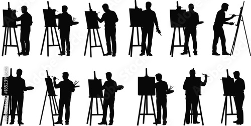 Male artist painting silhouettes set, painter working on easel with brush palette, creative art studio poses isolated on white background