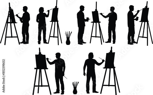 Male artist silhouettes painting on easels, creative men working in art studio, painter poses collection, black illustration on white background