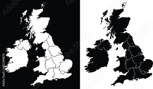 Black and white map of United Kingdom and Ireland featuring detailed country borders and coastal outlines isolated on white background,