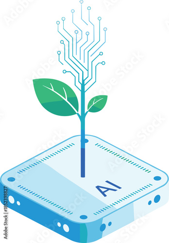 AI chip with growing green leaf and circuit plant sprout isolated on white background for artificial intelligence and sustainable technology,