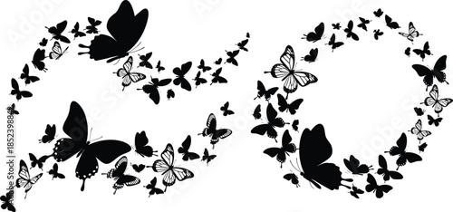 Black butterfly silhouette collection flying in swarm and circular patterns isolated on white background for decorative nature design and artistic elements