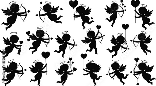Black cupid silhouette set with angel wings holding bow and heart balloons isolated on white background for romantic Valentine decoration,
