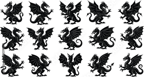 Black dragon silhouette collection featuring mythical flying creatures with wings and sharp claws isolated on white background for fantasy design,