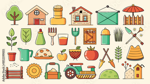 Illustrations of various gardening tools and items