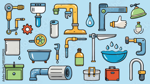 Illustrated plumbing fixtures and tools