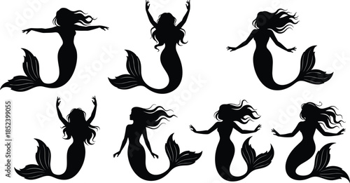 Black silhouette collection of beautiful mermaids with long hair and fish tails swimming isolated on white background for marine design,