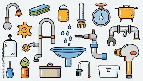 Illustration of various plumbing fixtures and components