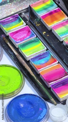 Paints for face painting. Close-up. Vibrant artistic colors.