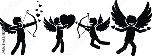 Collection of cupid silhouettes with bows arrows and hearts for Valentine's Day and romantic wedding design elements on white background