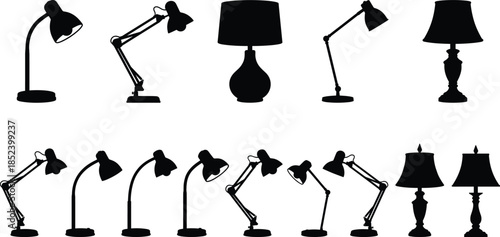 Black desk and table lamp silhouettes set, modern classic adjustable reading lights isolated on white background vector illustration collection design