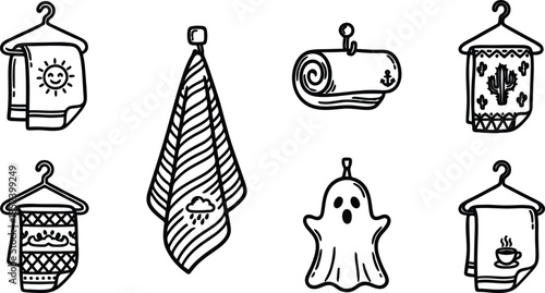 black and white illustration of various towels and lanterns with different designs