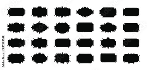 Black decorative label silhouettes and vintage frame shapes featuring retro outline badges, ornate geometric borders, empty tag design graphics, and elegant royal crest shield emblems.