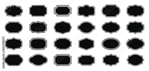 Black decorative label silhouettes and vintage frame shapes featuring retro outline badges, ornate geometric borders, empty tag design graphics, and elegant royal crest shield emblems.