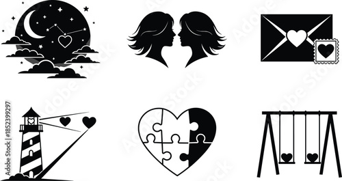 Collection of romantic symbols featuring lighthouse heart puzzle envelope and silhouettes of female lovers on swing under a starry night sky