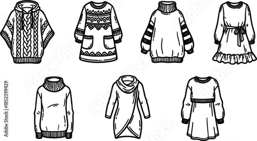 Collection of various knitted sweaters and dresses for fashion design  different styles and patterns