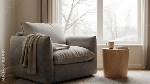 Cozy Armchair by Window with Winter Scenery and Coffee