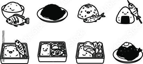 Cute Japanese food illustrations including sushi and rice  various meals