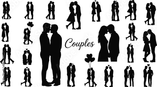 Mega collection of romantic couple silhouettes featuring lovers kissing and holding hands for wedding and Valentine Day design on white background