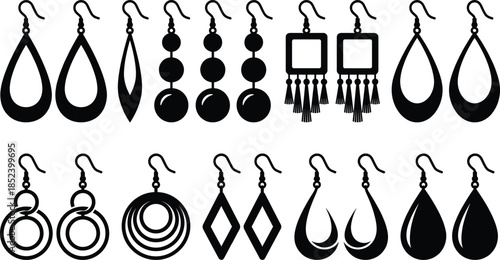 Black earring silhouette set, women fashion jewelry collection, dangling earrings designs, minimal accessories illustration, isolated modern style vector icons bundle