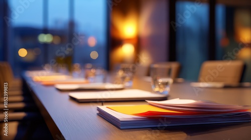 Wallpaper Mural Boardroom table with documents and warm ambient lighting. Blurred background Torontodigital.ca