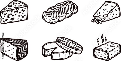 Hand drawn cheese illustrations in black and white