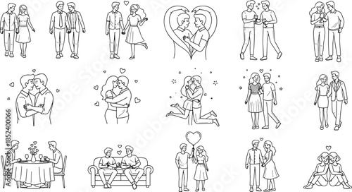 Relationship couple line art collection featuring lovers dating holding hands hugging and romantic dinner scenes isolated on white background for design