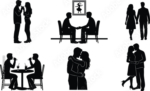 Romantic couple silhouette set featuring lovers kissing and dating in various poses isolated on white background for wedding and relationship design