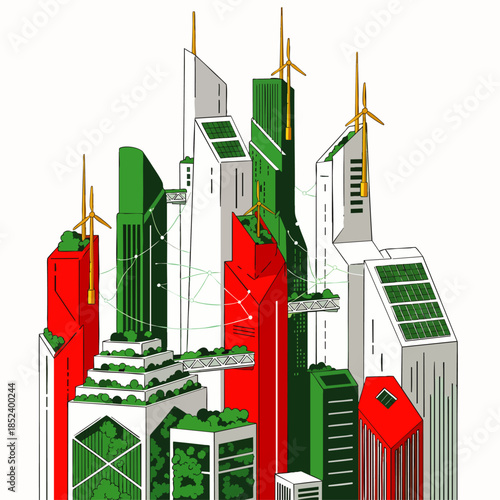 Futuristic eco-friendly cityscape with skyscrapers, wind turbines, solar panels, and green spaces