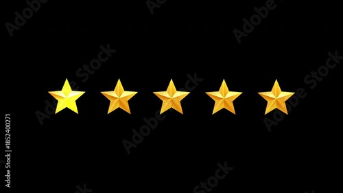 Five stars rating animation. Five gold star icons shimmer on black background. Suitable for websites, reviews, customer ratings, feedback, quality benchmarks, and excellence awards.