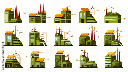 Set of eco-friendly factories and industrial buildings with solar panels and wind turbines, green energy concept