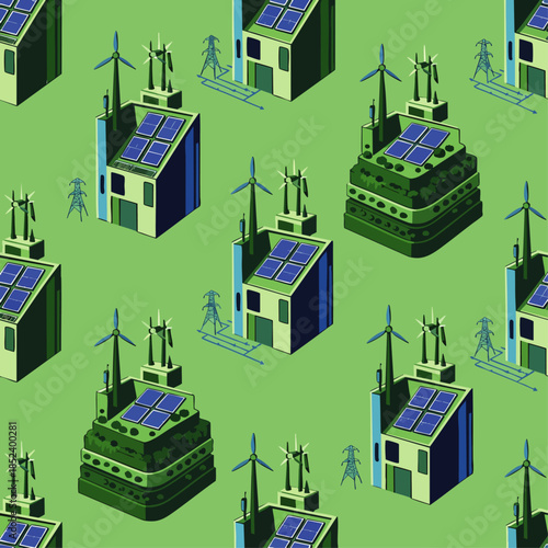 Renewable energy power plants with solar panels and wind turbines, futuristic eco-friendly industrial buildings on green background